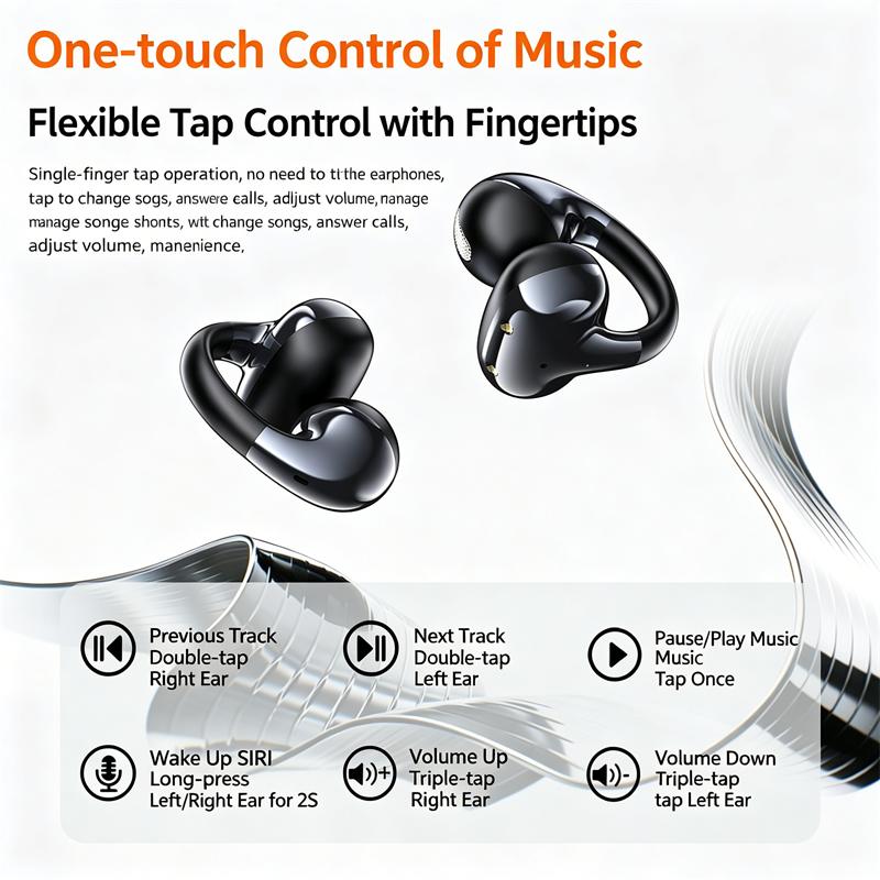 Ear Clip Open Earbuds Bluetooth 6.0 Earphones, Power Display Long Battery Life Headphones Wireless Headset for Music Playing