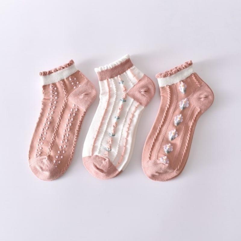Female Spring Summer Thin Money All GO Up Flower Lace Lovely Pink Pastoral Socks