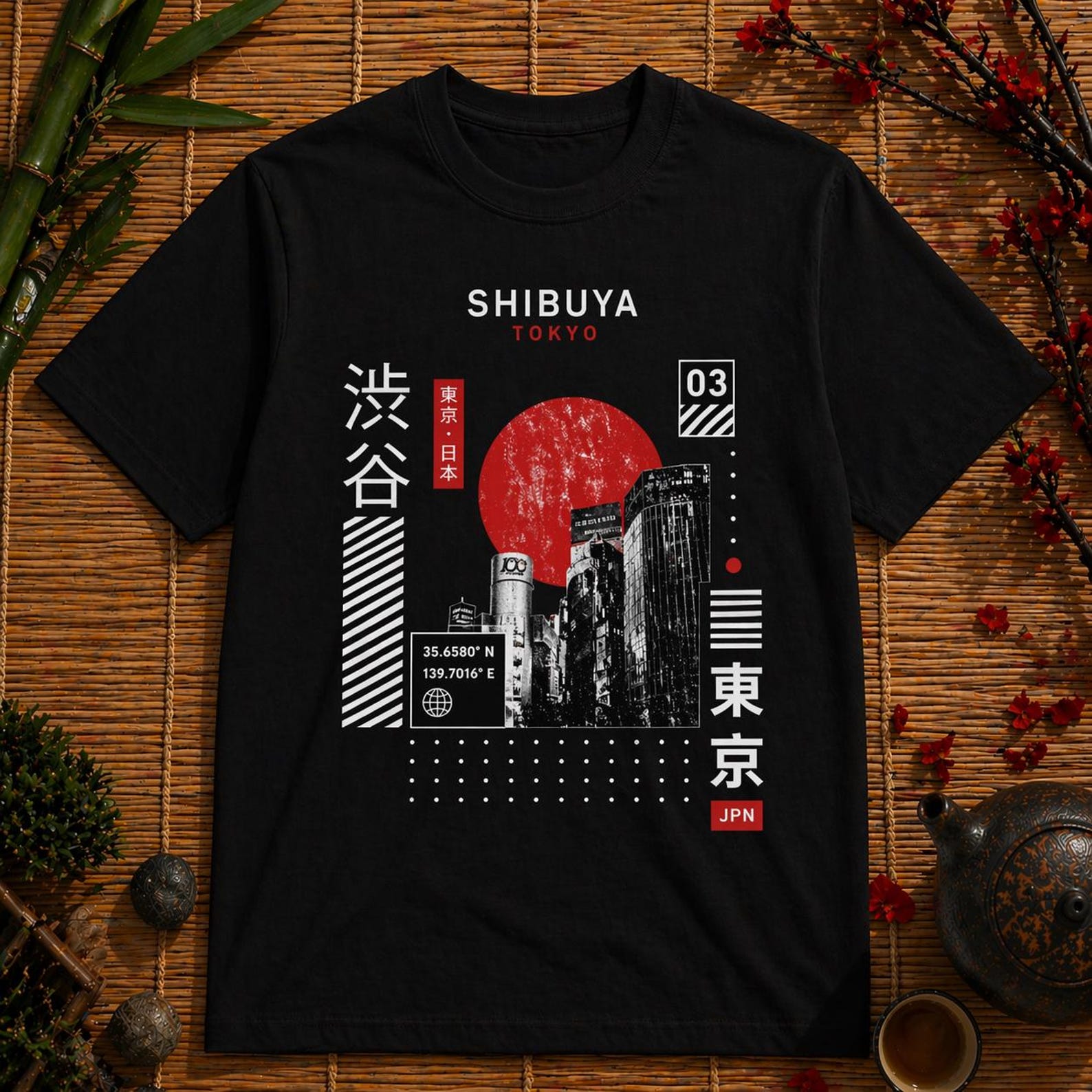 Shibuya Tokyo Urban Grid Tee – Minimal Japanese Streetwear Black T-Shirt S