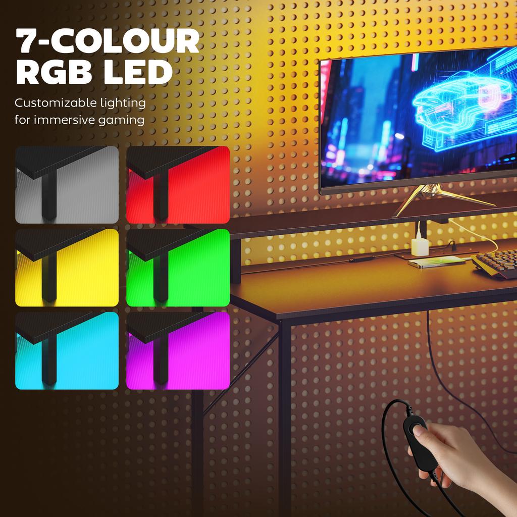 147cm Gaming Desk with Charging Station and Monitor Stand, Computer Table for Home Office with RGB Lights, Black