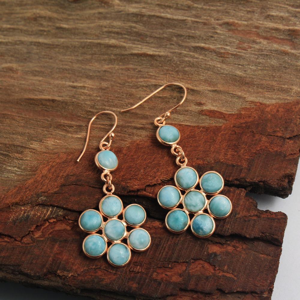 Larimar Handmade Dangle Earring 925 Sterling Silver Rose & Yellow Gold Plated Jewelry