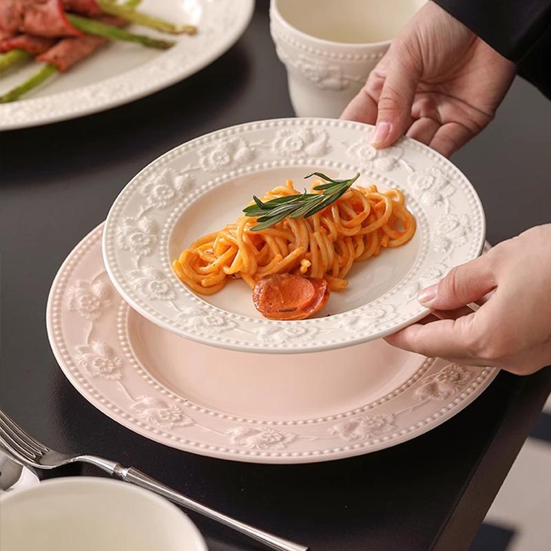 French Relief Cream Wind Ceramic Dish Household 8 Inch Underglazed Colour Exquisite Kitchen Tableware Beautiful Food Plates