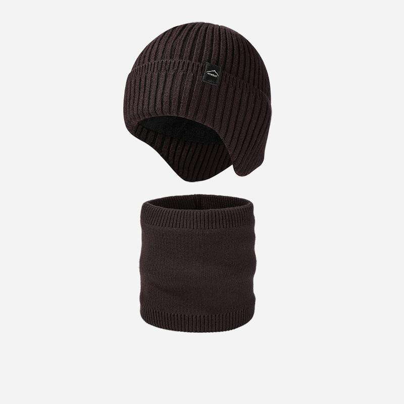 Knitted Hat Men's Fleece Solid Color Cap Scarf Kit Winter Outdoor Warm Wool Hat