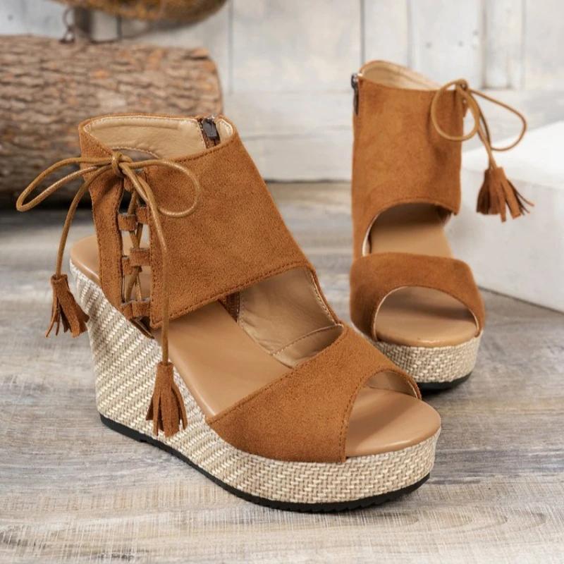 

Summer Khaki Suede Leather Women s Thicken High Heels Hollow Out Sandals Sexy Elegant Platform Wedges Open Toe Ladies Shoes 43 коричневий