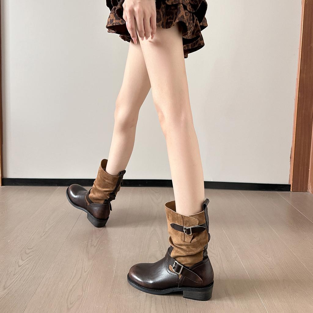 Cowhide version~ retro polished boots western boots women's 2025 new color matching medium tube Martin boots belt buckle short boots