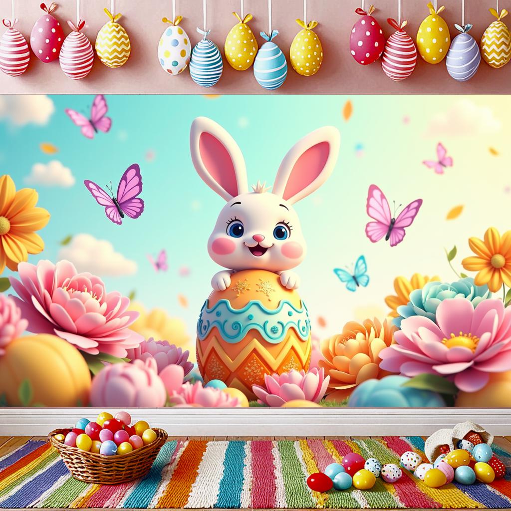 Happy Easter Bunny Flower Banner Backdrop Spring Party Decor Egg Decorations Easter Photography Props Background Banners
