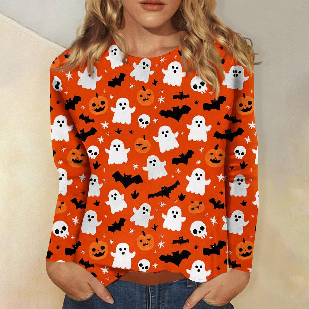 Women's long-sleeved loose-necked Halloween print casual top , suitable for holiday parties