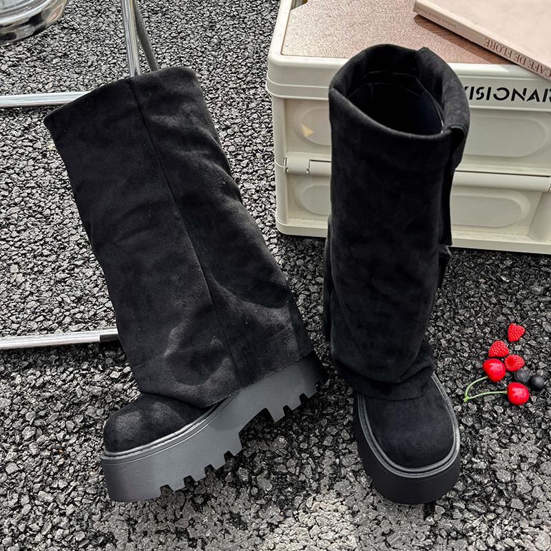 Fashion 2025 Fall Winter New Brown Fashion Boots Versatile Platform Heightened Vintage Trouser Heel Boots Women