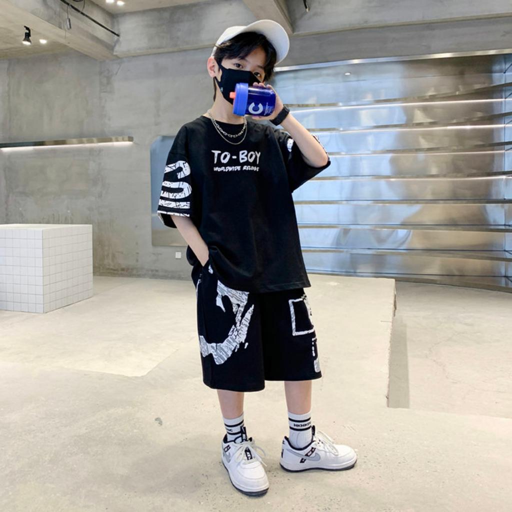 Boys' Summer Fashion Leisure Sports 2-piece T-shirt+Pants Suitable for Boys Aged 5-14 Hip Hop Style Fashion Clothing Set
