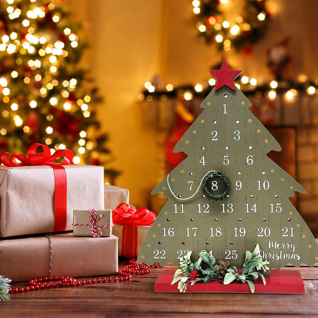 Christmas Countdown Rustic Wooden Advent Calendar Tabletop Vine Wreath Xmas Tree Holiday Decor Christmas Advent Calendar