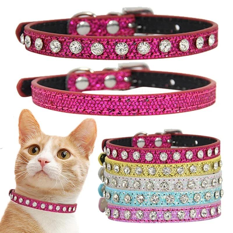 Rhinestones Small Dog Cat Collar Leather PU Adjustable Pet Collar Luxury Decoration Necklace for Kitten Puppy Chihuahua Supplies
