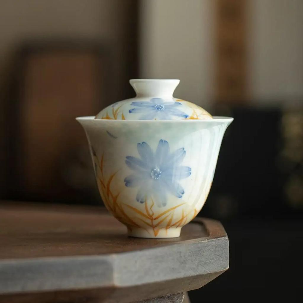 140ML Oil Painting Style Hand-painted Cover Bowl KungFu TeaSet Household Tea Bowl Thin Tire Gold Yarn Wrapped in Blue Cover Bowl