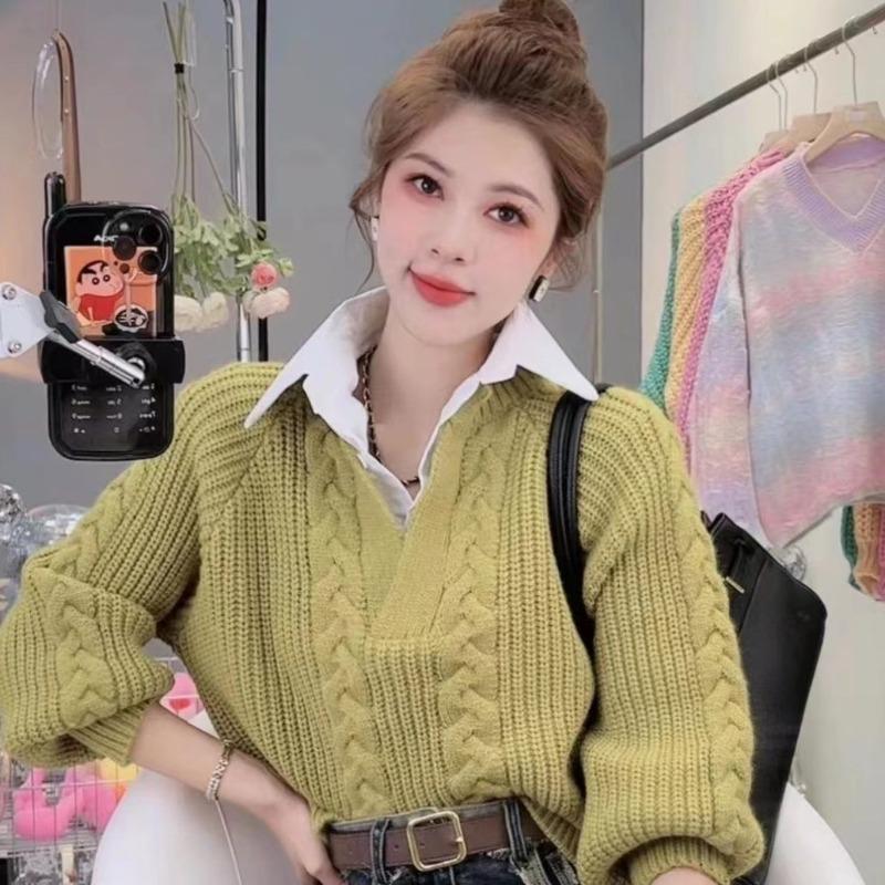 Gefälschter zweiteiliger Splice-Pullover-Pullover für Frauen 2023 Herbst/Winter Design Sense Polo-Ausschnitt Lose Oberbekleidung Gestrickter Pullover