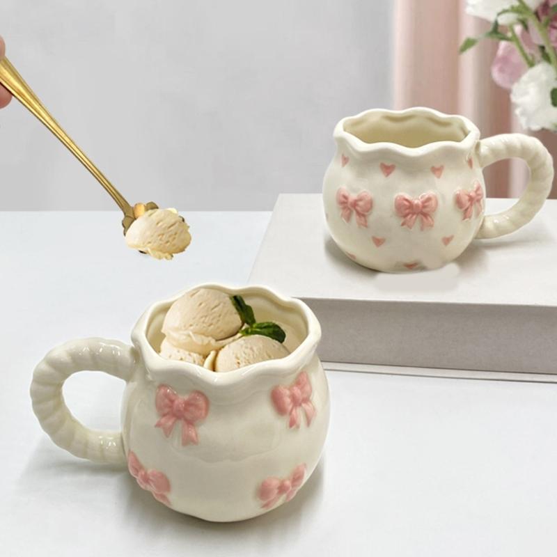 Delicate Ceramic Coffee Mug With Bows Portable Elegant Office Drinkware Dishwasher Safe Tableware Kitchen Tool