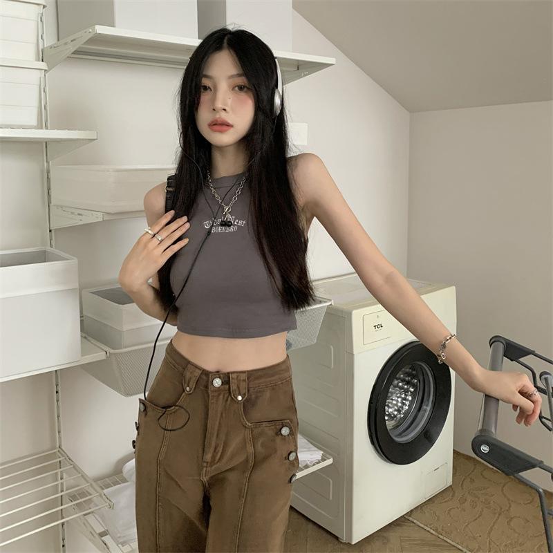 Korean Version of Sweet Spice Girl Sleeveless I Words Inside A Small Halter Vest Women's New Short Shoulder To Wear Chic Outside