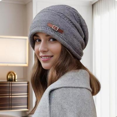 Allround-Samthut mit großem Kopfumfang und gekräuseltem Rand, dicker Strickhut für Herbst und Winter, warme Wollmütze für Damen