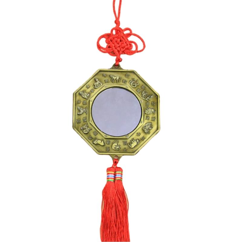 Fengshui Bagua Mirror for Home Protective and Positive Energy with Lion Biting Swords Chinese Knots Tassels Ornament