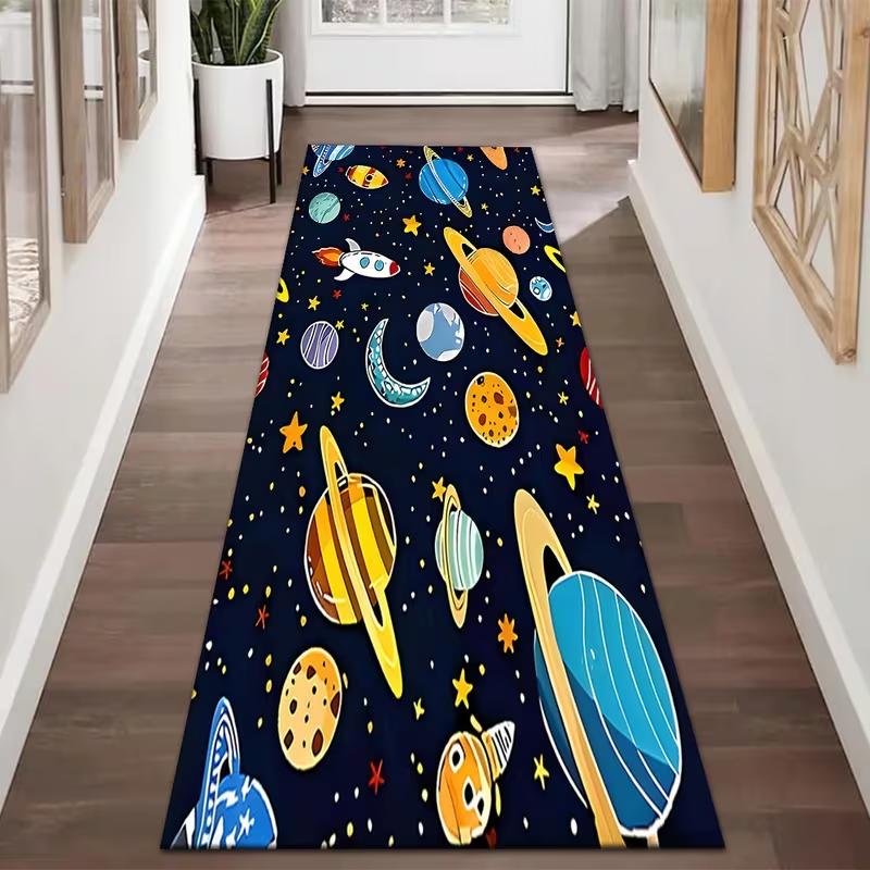 Solar System Galaxy Runner Rug Cute Cartoon Planets Design Soft Non-Slip Floor Mat Space Themed Decor Carpet for Kids Bedroom