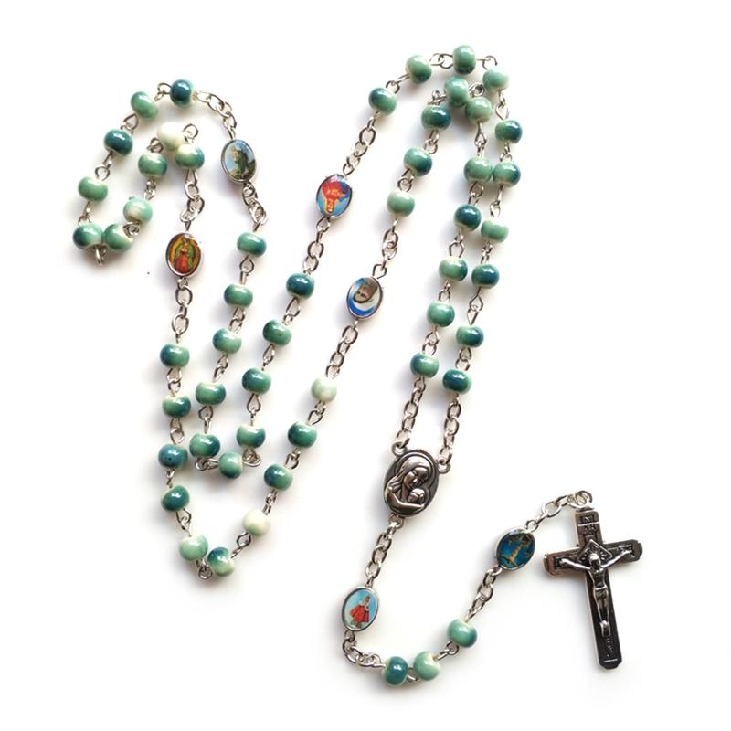 10mm Acrylic Bead Rosary Necklace Vintage Weave Catholic Religious Cross Jesus Pendant Necklaces for Men Women Jewelry Charm