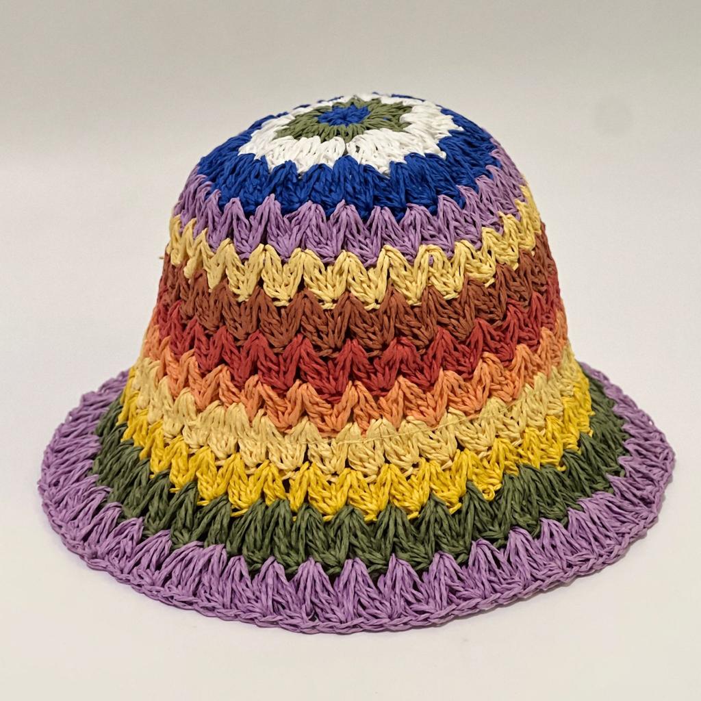 Handwoven Straw Hat Women's Breathable Hollow Rainbow Bucket Hat Bucket Hat Niche Face Small Visor Basin Hat