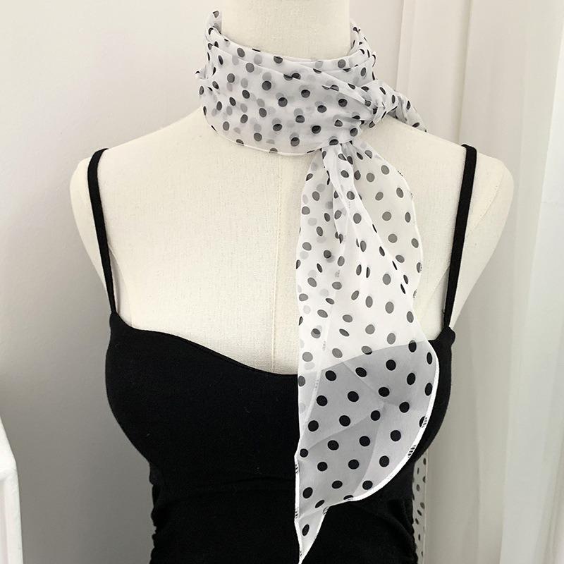 Silk scarf long strip high-end new thin and narrow strip polka dot silk scarf decorative scarf tied bag ribbon versatile belt