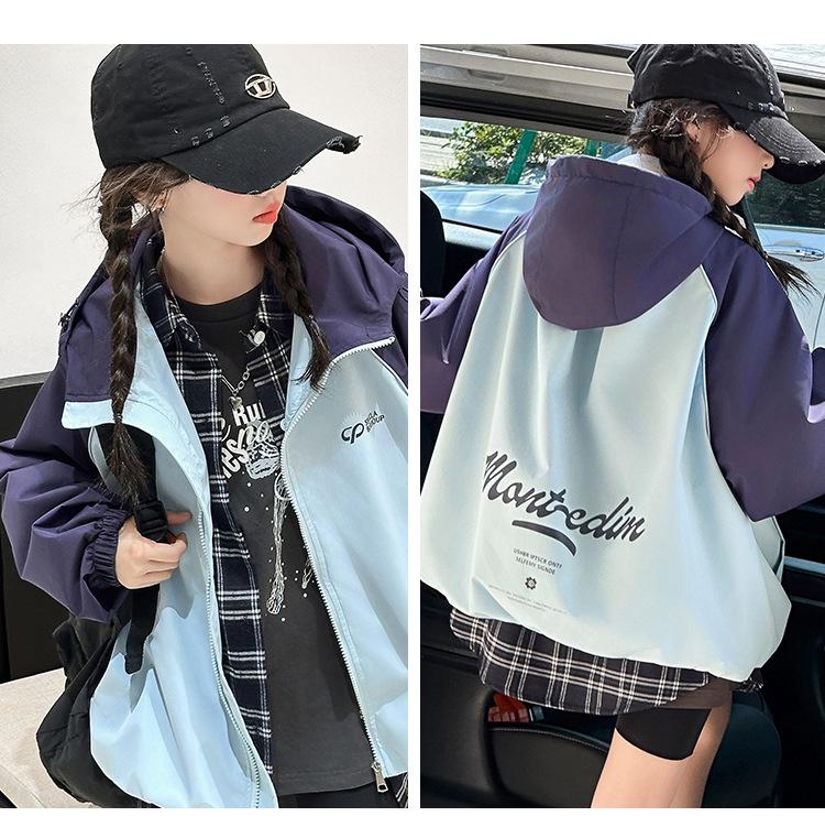 Girls' Color Block Hooded Windbreaker Jacket - 2025 Autumn Trend, Stylish Raglan Sleeve Fashion for Medium & Large Children