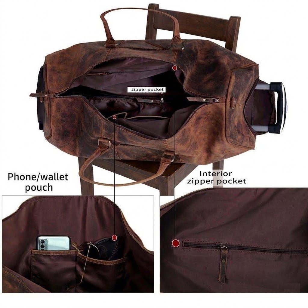 Handmade Leather Trolley Duffel Bag Mens Travel Duffel On Wheels Carry On Cabin Luggage Overnight Duffel Christmas Gift for Men and Women