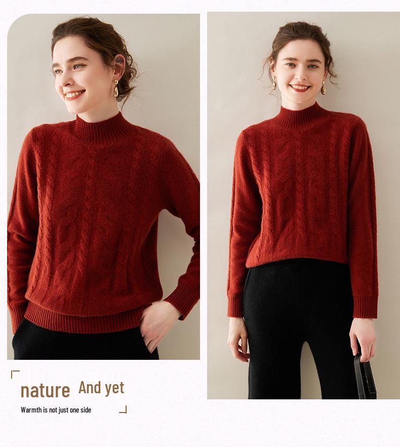 Damen Kaschmir Zopfmuster Pullover - Halboher Kragen, Langarm, Unifarbe, Warme & lässige Basisschicht