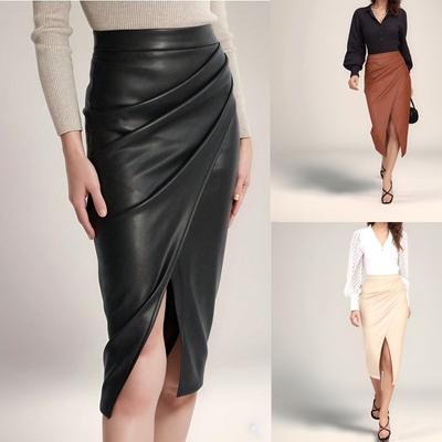 2025wish Spring and Summer Women's Clothing PU Split Skirt High Waist Zipper Stack Pleated Leather Skirt European and American Sexy Hip Skirt