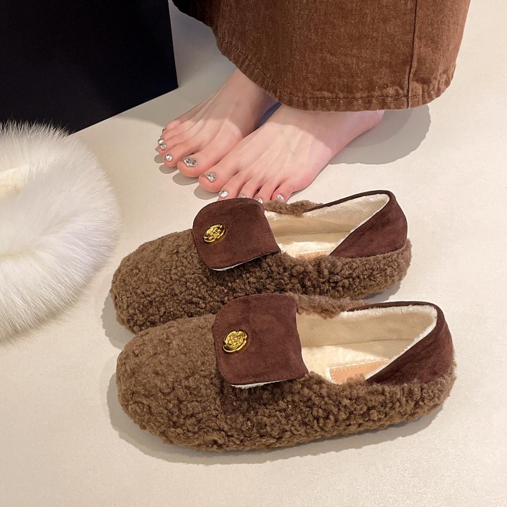 French two-wear all-inclusive fluffy shoes for women's outer wear 2025 new autumn and winter one-pedal versatile velvet cotton shoes Doudou shoes