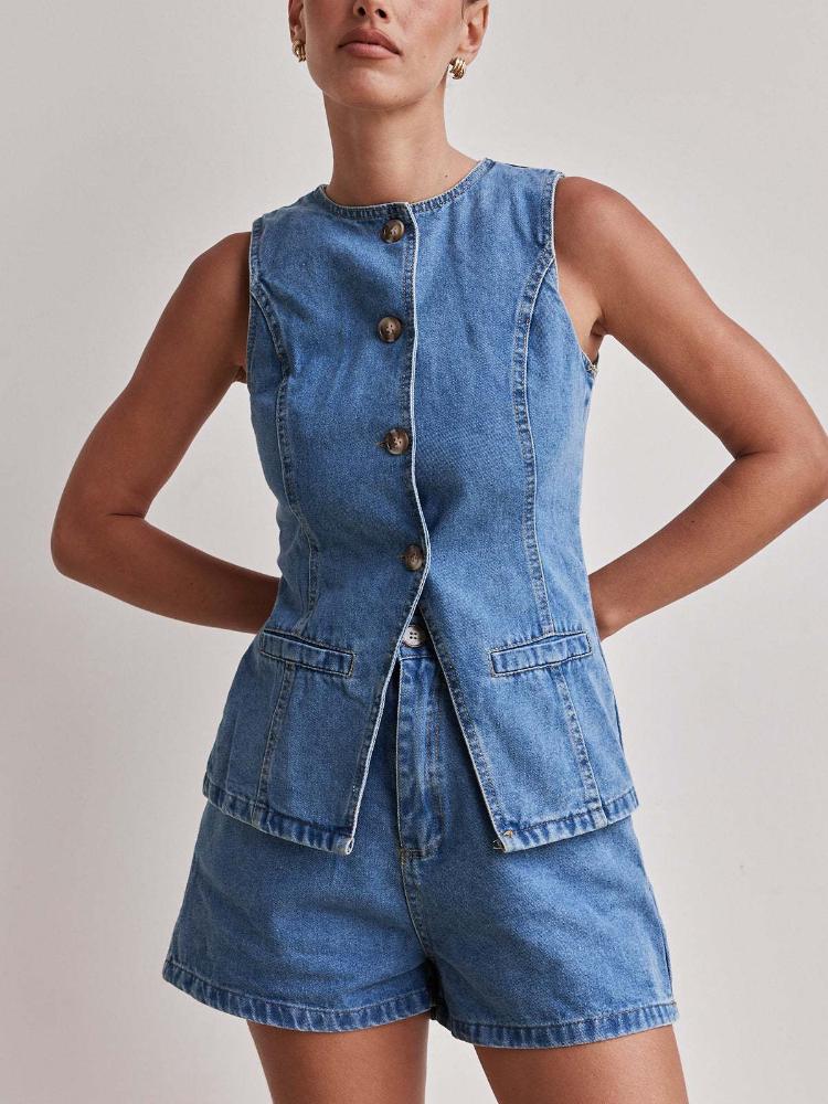 Spring Summer Fashion Sleeveless Waist High Waist Loose Cowboy Shorts Set
