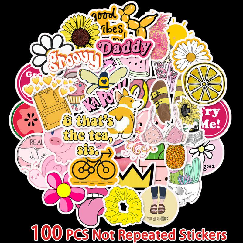 100 Popular Pink Fresh Graffiti Stickers Bicycle Skateboard Guitar Suitcase Waterproof Stickers