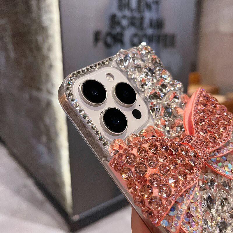 Luxury Full Rhinestone Phone Case With Bow IPhone 16/17 Pro Max Soft Silicone Bling Cover Women Anti-Drop Protection