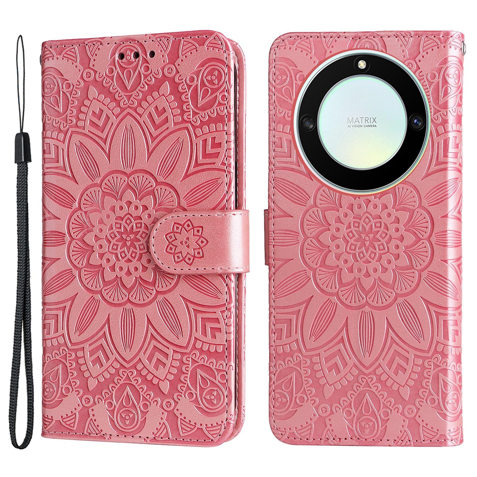 

For Honor X40 5G/X9a 5G/Magic5 Lite 5G Leather Phone Case Sunflower Imprinted Stand Wallet Cover with Hand Strap Pink