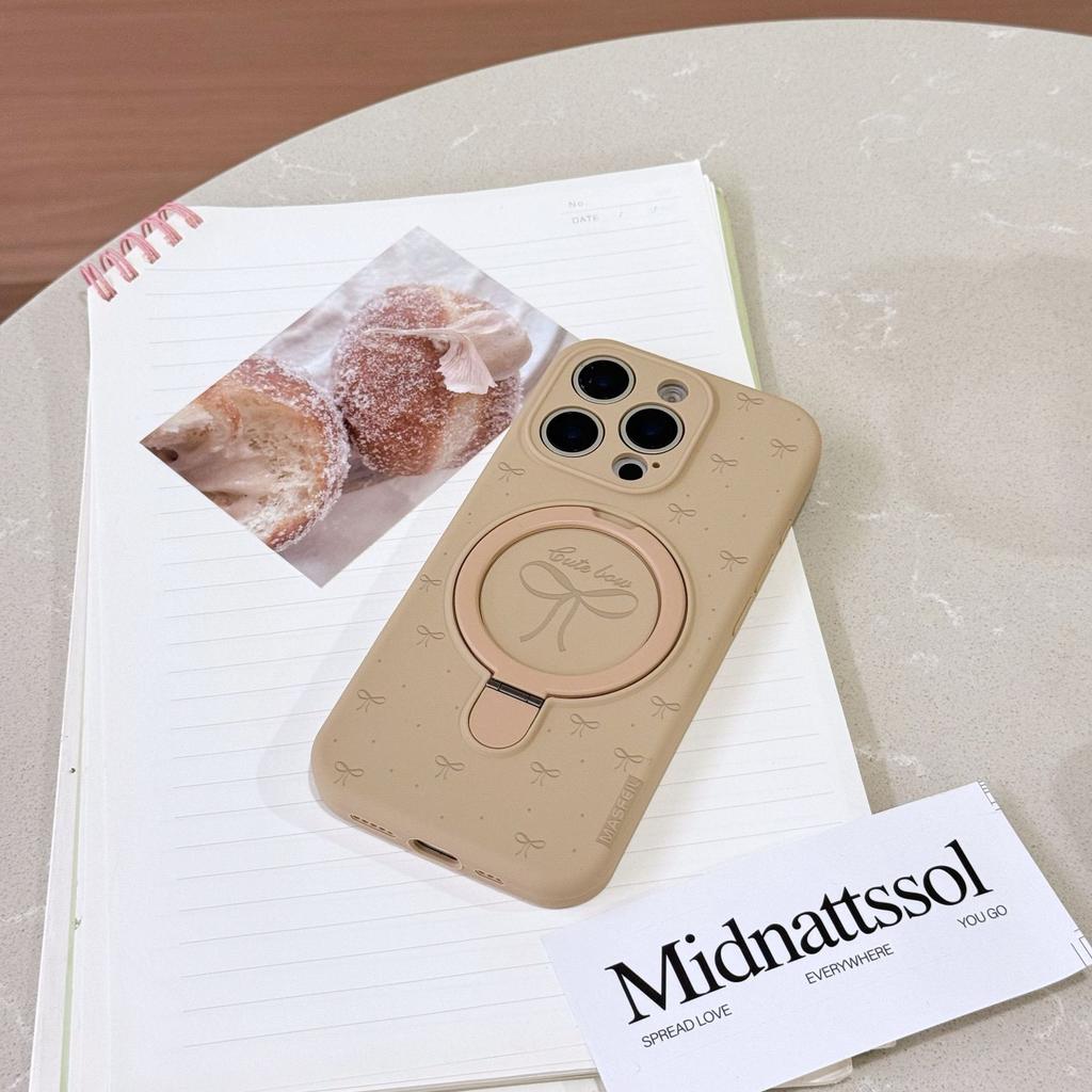 MagSafe Bowknot Silicone Phone Case with Ring Holder, Cute Macaron Color Kickstand Cover for iPhone