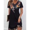 Retro Ethnic Print Summer Dress V-Neck Short Sleeve Casual Party Dress Elegant Vintage Style Clothing for Women