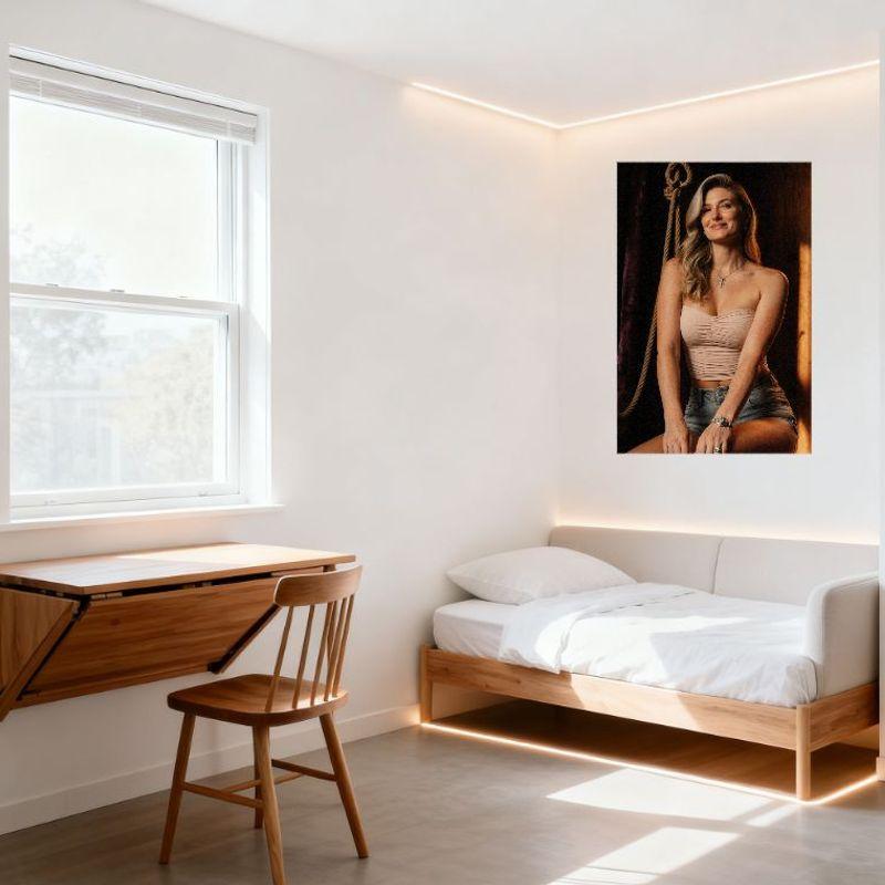 Sexy Blonde Woman Wavy Hair Light Pink Crop Top Denim Shorts Wooden Wall Rope Knot Curtain Warm Light Tin Sign Metal Poster Bar