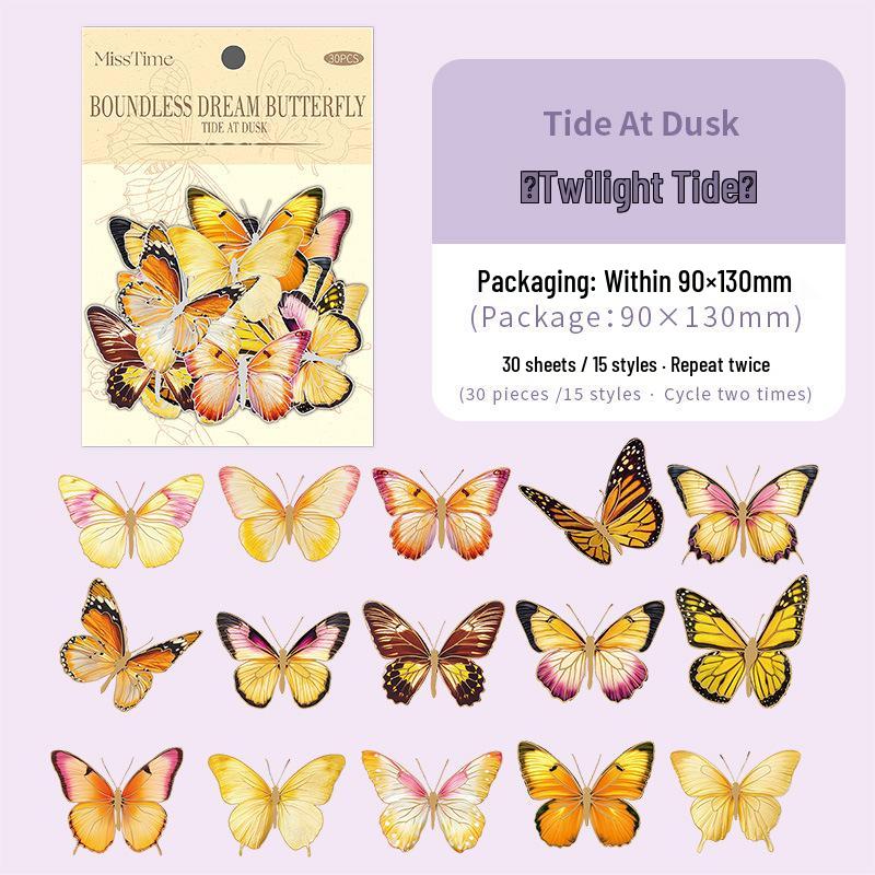 Boundless Dream Butterfly PET Sticker Pack - 30 Silver-Stamped Sheets, 6 Assorted Styles