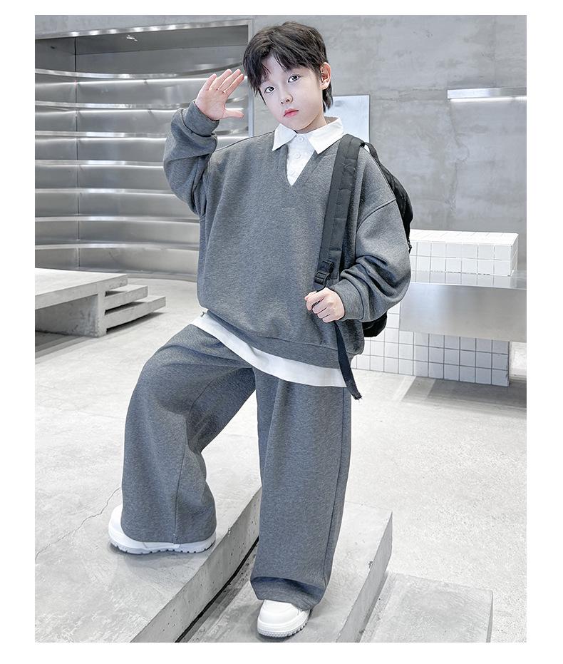 2025 Boys' Spring & Autumn Two-Piece Set - Fashionable Shirt Collar & Knitted Design