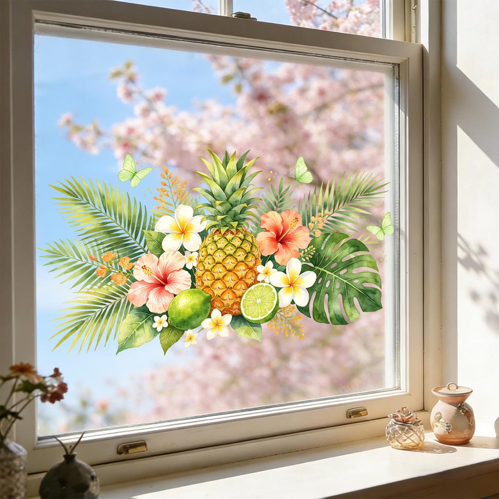 Tropical Pineapple Flower Static Cling Wall Sticker No Residue for Kitchen Decor