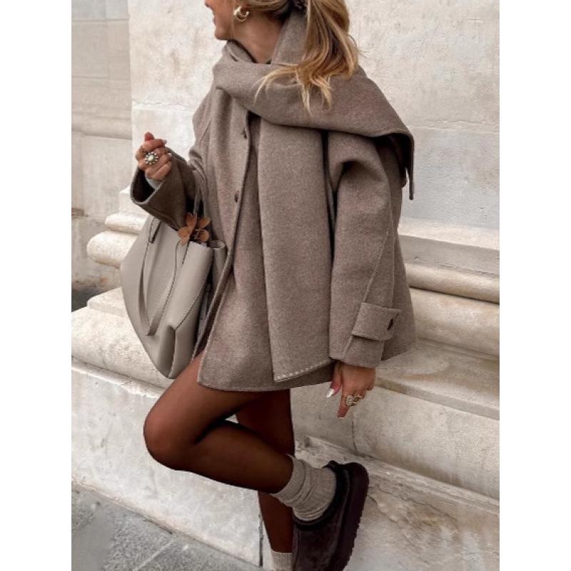 Solid Color Wool Scarf-Style Short Overcoat - European & American Warm Jacket