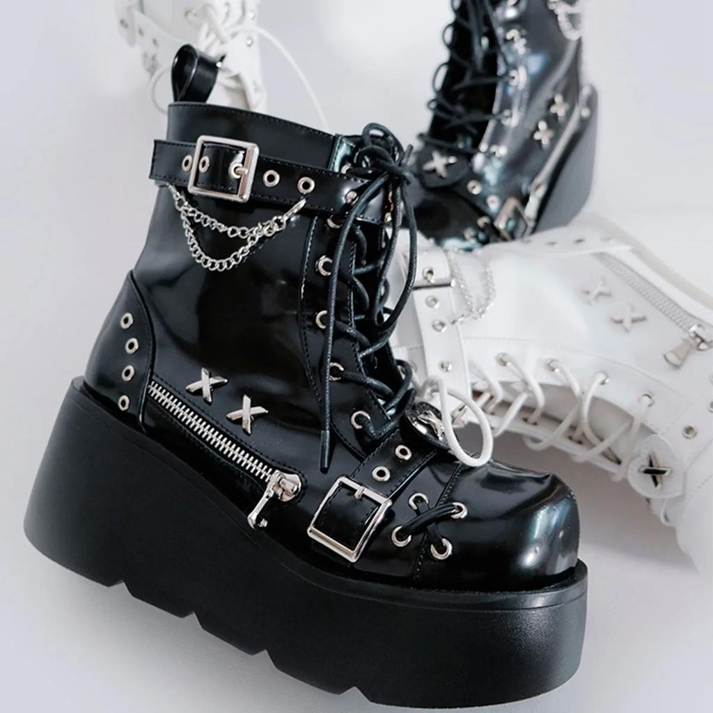Gothic Style Platform Vampire Cosplay Women Mid-calf Boots Winter Wedges Comfy Women Motorcycle Boots Shoes