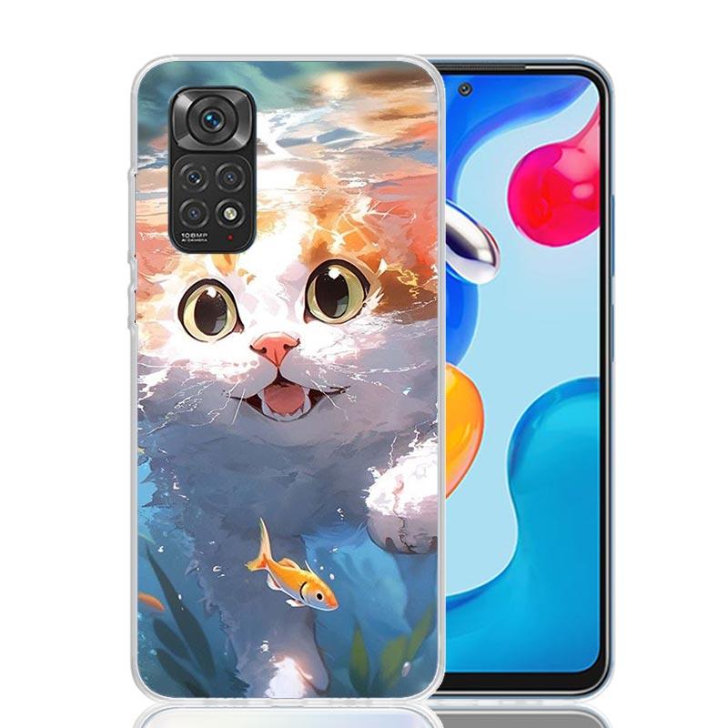 Cartoon Cute Cat Fish Aesthetic Phone Case For Xiaomi Redmi Note 14 13 12S 12 11S 11T 11E Pro Plus 10S 10 Art Customized Co