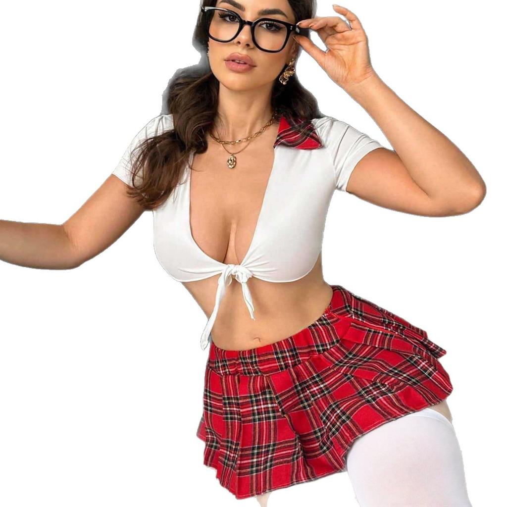 European and American Sex Underwear Bikini Clothing Uniform Temptation Suit Plaid COS Skirt
