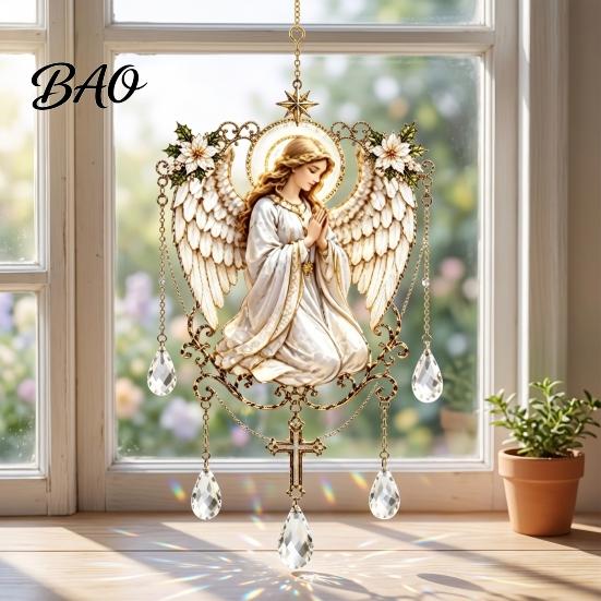 Memorial Keepsake Stained Glass Effect Blessing Suncatcher, Acrylic Angel Prayer Window Hanging Religious Gift for Women Ornament with Faux