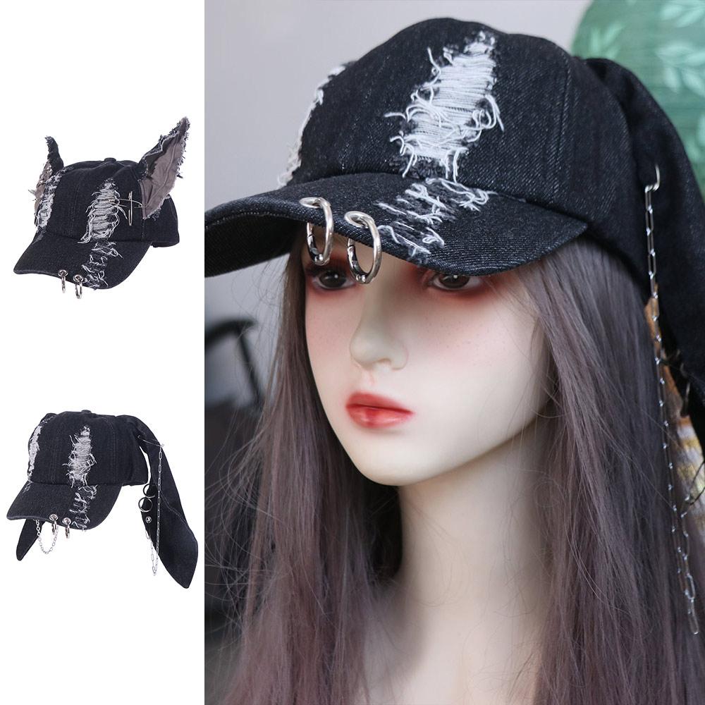 Y2K Chains Doberman Ears Hat Rabbit Bunny Ears Snapback Cap Casual Ripped Denim Baseball Cap  Girl