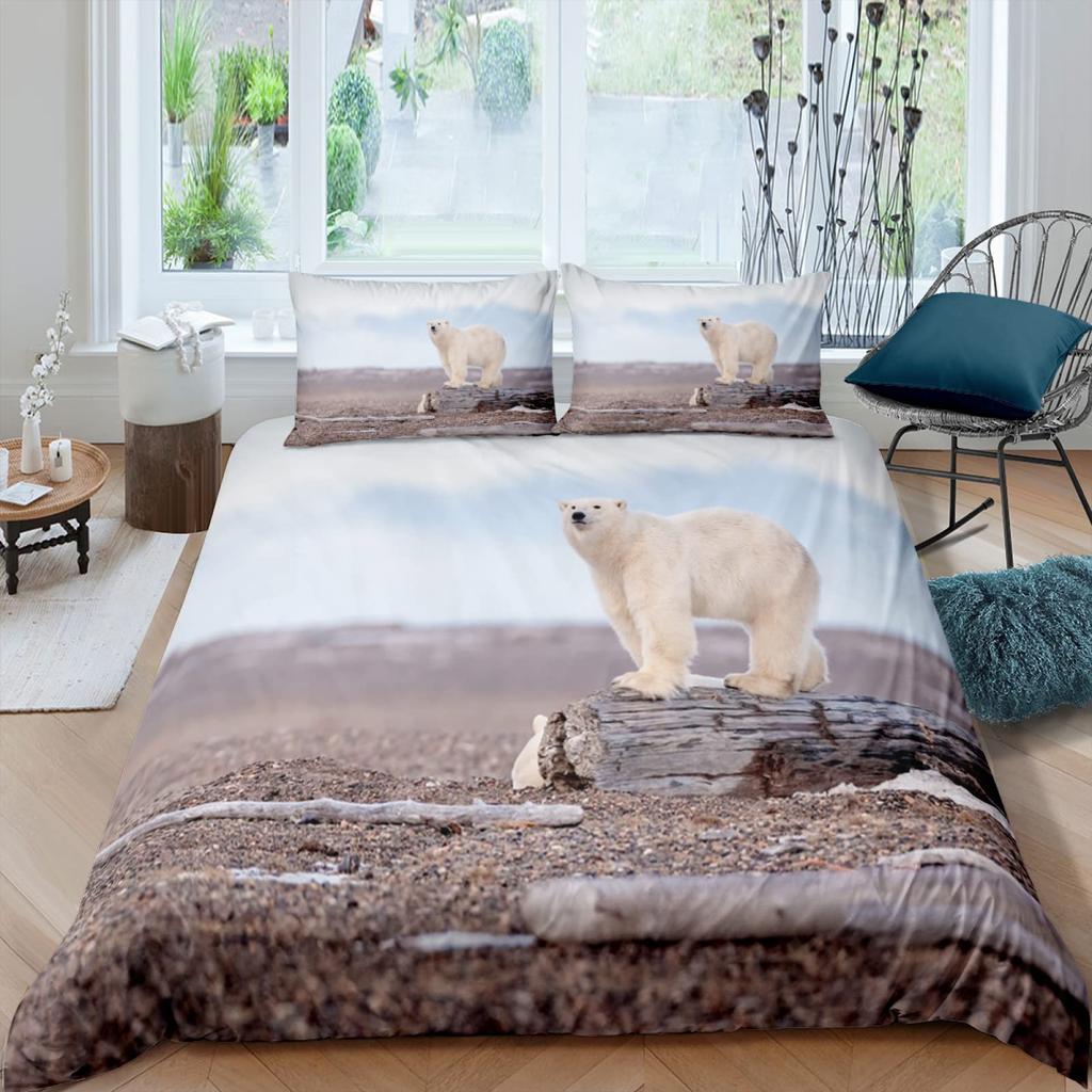 Polar Bear Duvet Cover King Queen 3D Lovely White Arctic Animal Bedding Set For Kids Teens Adult Wildlife Quilt Cover Pillowcase