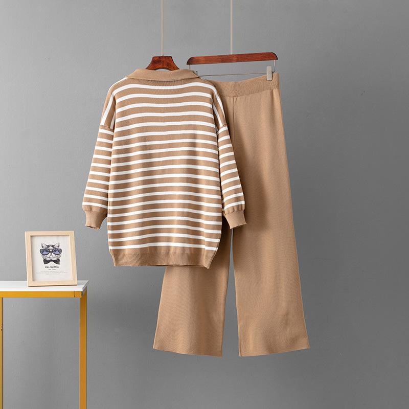 POLO Collar Striped Sweater Set Women's Autumn and Winter Loose Fashion Casual Knitting Two-piece Set