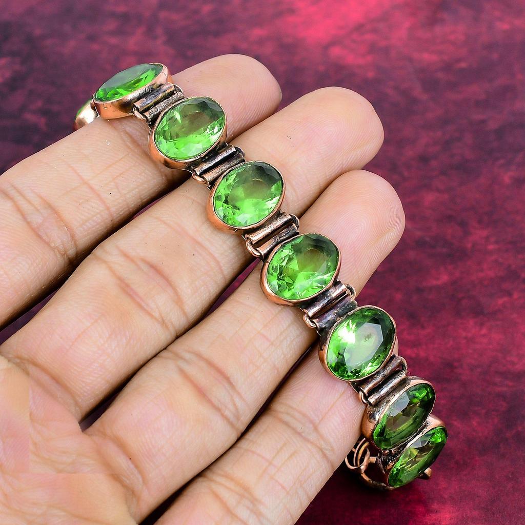 Pulseira de Peridoto Multifacetado Corrente Ajustável de Cobre Joia de Pedra Preciosa Real