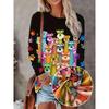 Long-Sleeve Casual T-Shirt for Women Featuring Colorful Cartoon Dogs And Paw Prints with a Round Neck